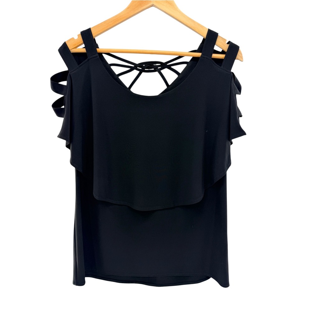 Joseph Ribkoff Cold Shoulder Blouse 6 Black Strappy Cage Back Ruffle Top NWT